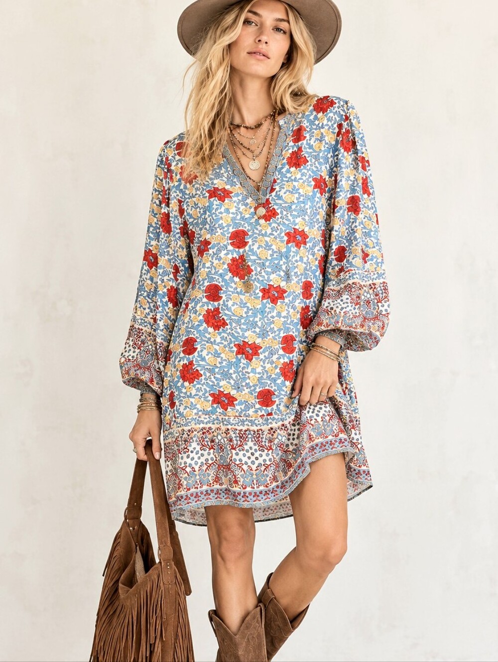 SundayUp Block Print Floral Dress Long Sleeve